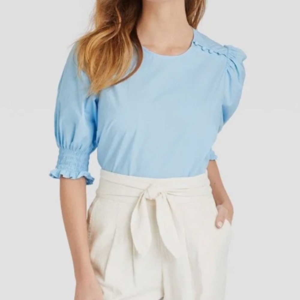 Who What Wear Blue Shirt Puff Sleeves Button Detail NWT